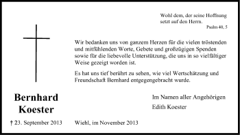Anzeige von Bernhard Koester von Kölner Stadt-Anzeiger / Kölnische Rundschau / Express