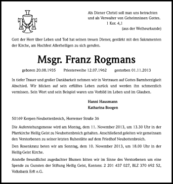 Anzeige von Franz Rogmans von Kölner Stadt-Anzeiger / Kölnische Rundschau / Express