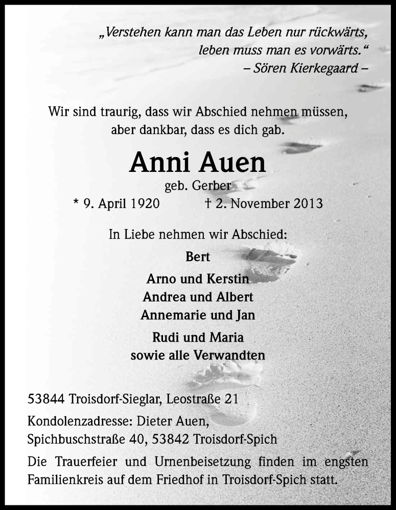  Traueranzeige für Anni Auen vom 09.11.2013 aus Kölner Stadt-Anzeiger / Kölnische Rundschau / Express