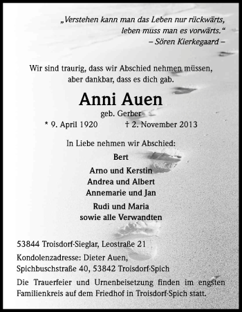 Anzeige von Anni Auen von Kölner Stadt-Anzeiger / Kölnische Rundschau / Express