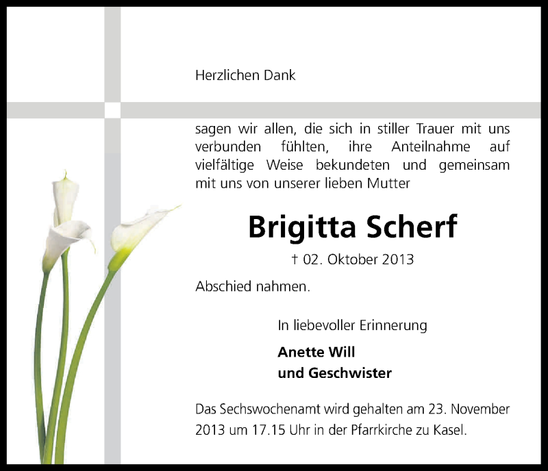  Traueranzeige für Brigitta Scherf vom 16.11.2013 aus Kölner Stadt-Anzeiger / Kölnische Rundschau / Express
