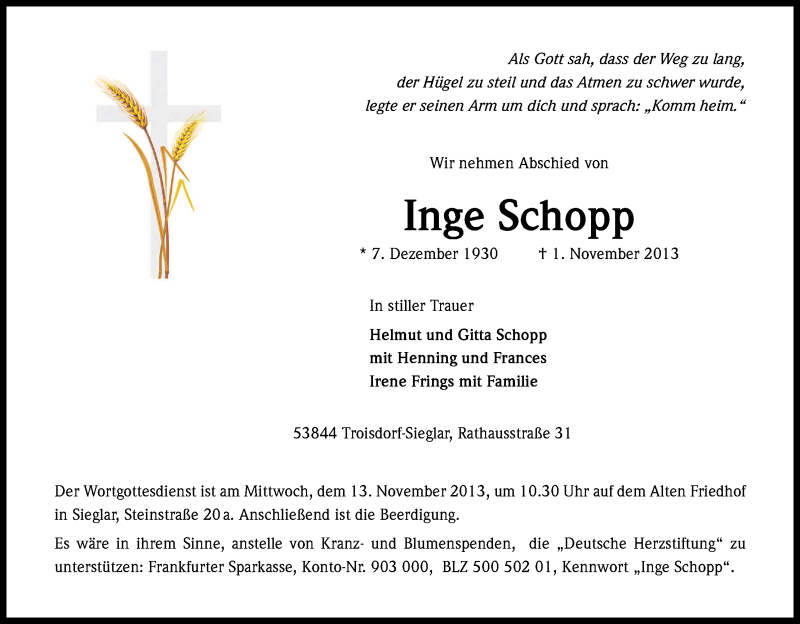  Traueranzeige für Inge Schopp vom 09.11.2013 aus Kölner Stadt-Anzeiger / Kölnische Rundschau / Express