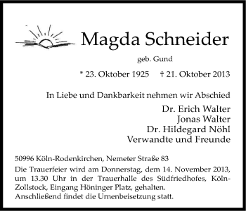 Anzeige von Magda Schneider von Kölner Stadt-Anzeiger / Kölnische Rundschau / Express