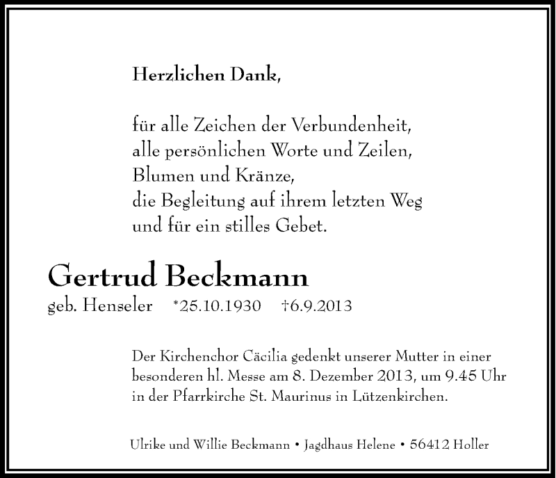  Traueranzeige für Gertrud Beckmann vom 09.11.2013 aus Kölner Stadt-Anzeiger / Kölnische Rundschau / Express