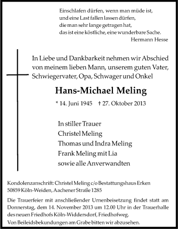 Anzeige von Hans-Michael Meling von Kölner Stadt-Anzeiger / Kölnische Rundschau / Express