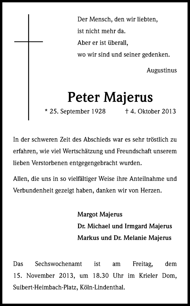  Traueranzeige für Peter Majerus vom 09.11.2013 aus Kölner Stadt-Anzeiger / Kölnische Rundschau / Express