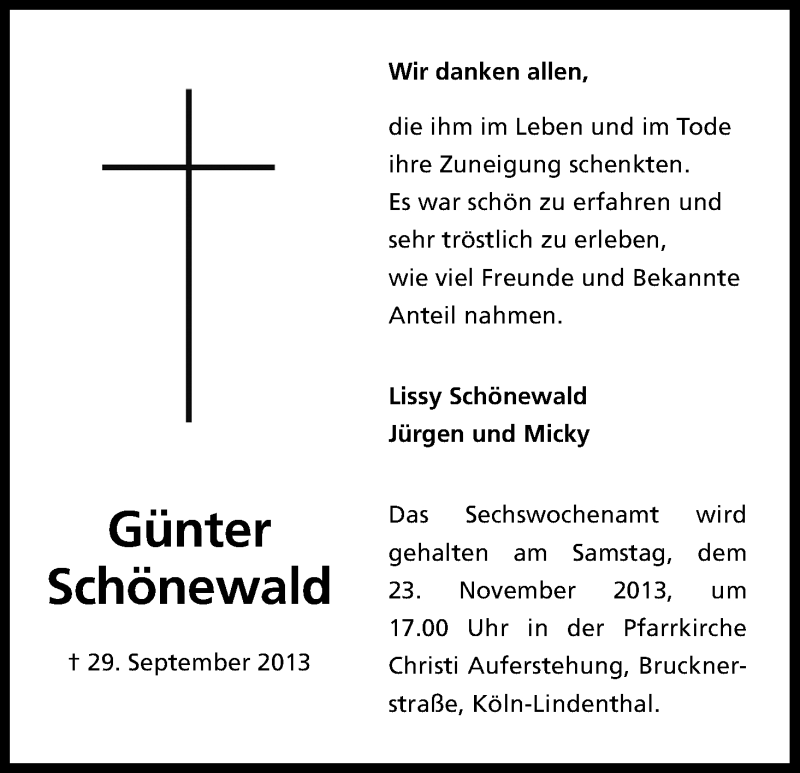  Traueranzeige für Günter Schönewald vom 09.11.2013 aus Kölner Stadt-Anzeiger / Kölnische Rundschau / Express
