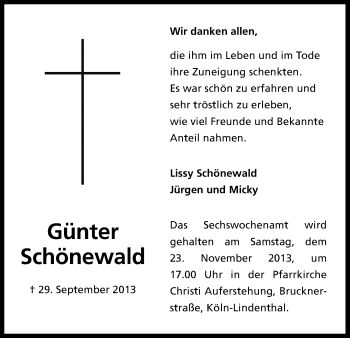 Anzeige von Günter Schönewald von Kölner Stadt-Anzeiger / Kölnische Rundschau / Express