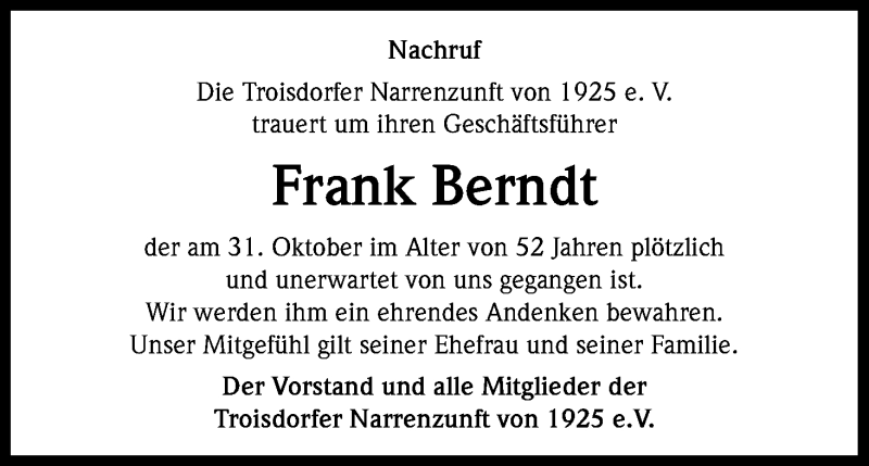 Traueranzeige für Frank Berndt vom 09.11.2013 aus Kölner Stadt-Anzeiger / Kölnische Rundschau / Express