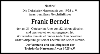 Anzeige von Frank Berndt von Kölner Stadt-Anzeiger / Kölnische Rundschau / Express