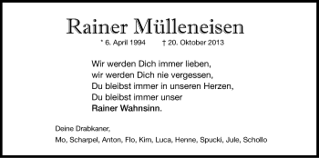 Anzeige von Rainer Mülleneisen von Kölner Stadt-Anzeiger / Kölnische Rundschau / Express