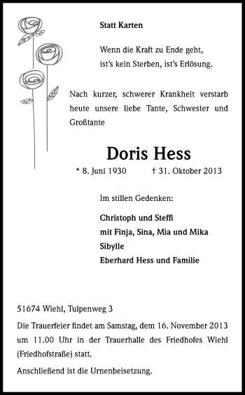 Anzeige von Doris Hess von Kölner Stadt-Anzeiger / Kölnische Rundschau / Express
