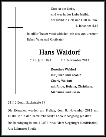 Anzeige von Hans Waldorf von Kölner Stadt-Anzeiger / Kölnische Rundschau / Express
