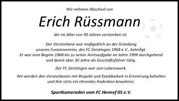 Anzeige von Erich Rüssmann von Kölner Stadt-Anzeiger / Kölnische Rundschau / Express