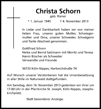 Anzeige von Christa Schorn von Kölner Stadt-Anzeiger / Kölnische Rundschau / Express