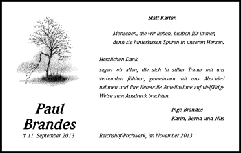 Anzeige von Paul Brandes von Kölner Stadt-Anzeiger / Kölnische Rundschau / Express