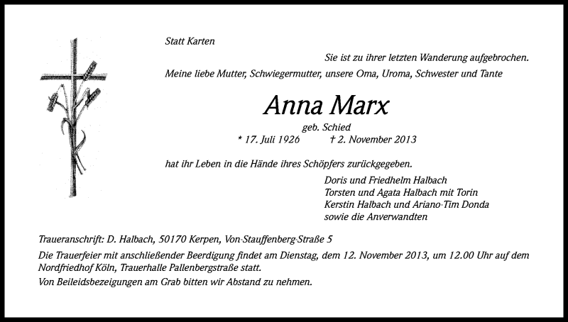  Traueranzeige für Anna Marx vom 09.11.2013 aus Kölner Stadt-Anzeiger / Kölnische Rundschau / Express