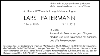 Anzeige von Lars Patermann von Kölner Stadt-Anzeiger / Kölnische Rundschau / Express