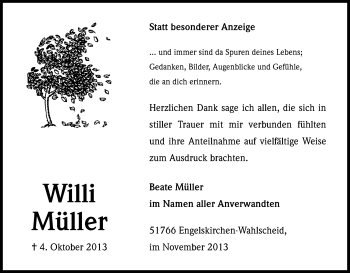 Anzeige von Willi Müller von Kölner Stadt-Anzeiger / Kölnische Rundschau / Express