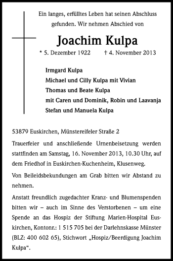 Anzeige von Joachim Kulpa von Kölner Stadt-Anzeiger / Kölnische Rundschau / Express
