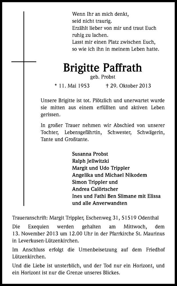  Traueranzeige für Brigitte Paffrath vom 09.11.2013 aus Kölner Stadt-Anzeiger / Kölnische Rundschau / Express