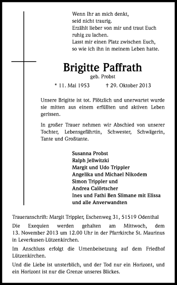 Anzeige von Brigitte Paffrath von Kölner Stadt-Anzeiger / Kölnische Rundschau / Express