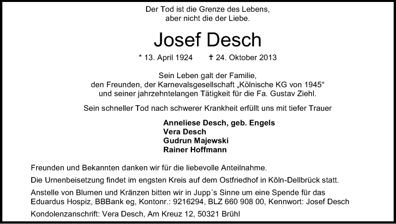  Traueranzeige für Josef Desch vom 09.11.2013 aus Kölner Stadt-Anzeiger / Kölnische Rundschau / Express