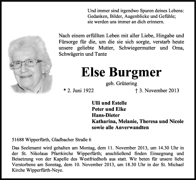  Traueranzeige für Else Burgmer vom 07.11.2013 aus Kölner Stadt-Anzeiger / Kölnische Rundschau / Express