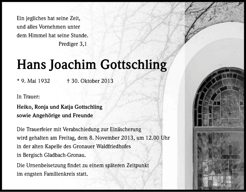  Traueranzeige für Hans Joachim Gottschling vom 07.11.2013 aus Kölner Stadt-Anzeiger / Kölnische Rundschau / Express