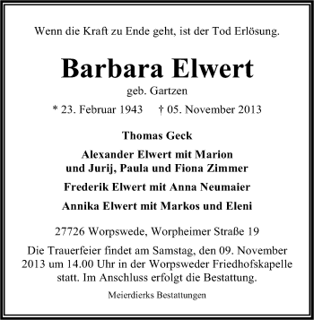 Anzeige von Barbara Elwert von Kölner Stadt-Anzeiger / Kölnische Rundschau / Express
