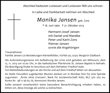 Anzeige von Monika Jansen von Kölner Stadt-Anzeiger / Kölnische Rundschau / Express