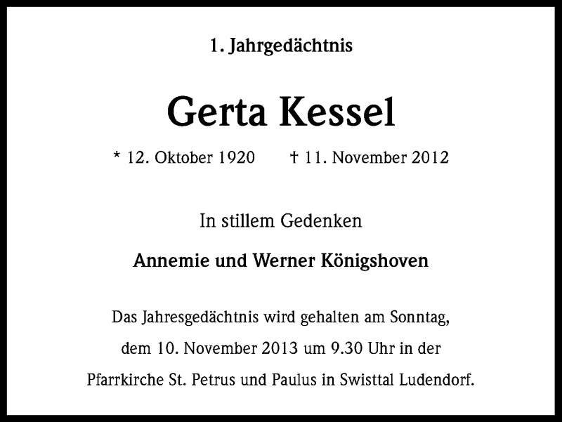  Traueranzeige für Gerta Kessel vom 07.11.2013 aus Kölner Stadt-Anzeiger / Kölnische Rundschau / Express