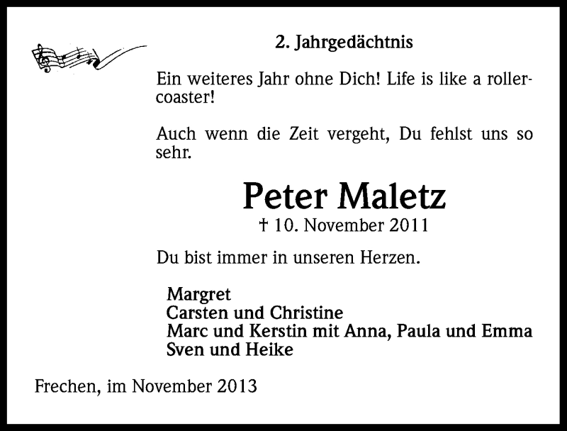  Traueranzeige für Peter Maletz vom 09.11.2013 aus Kölner Stadt-Anzeiger / Kölnische Rundschau / Express