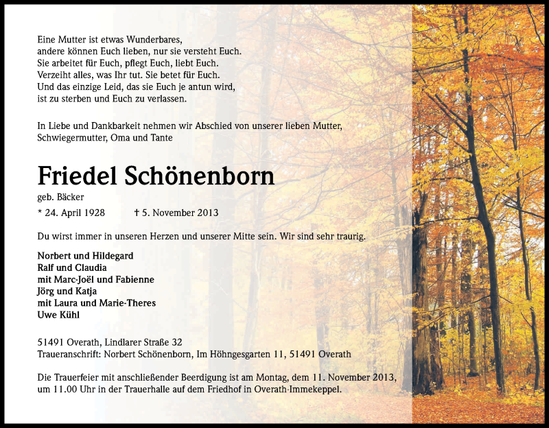  Traueranzeige für Friedel Schönenborn vom 07.11.2013 aus Kölner Stadt-Anzeiger / Kölnische Rundschau / Express