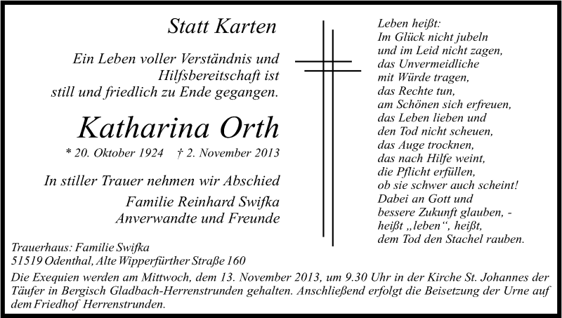  Traueranzeige für Katharina Orth vom 07.11.2013 aus Kölner Stadt-Anzeiger / Kölnische Rundschau / Express
