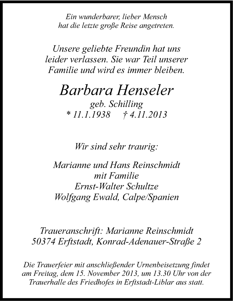  Traueranzeige für Barbara Henseler vom 12.11.2013 aus Kölner Stadt-Anzeiger / Kölnische Rundschau / Express