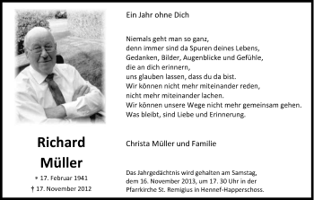 Anzeige von Richard Müller von Kölner Stadt-Anzeiger / Kölnische Rundschau / Express