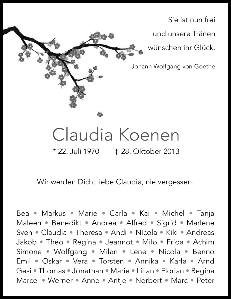  Traueranzeige für Claudia Koenen vom 09.11.2013 aus Kölner Stadt-Anzeiger / Kölnische Rundschau / Express