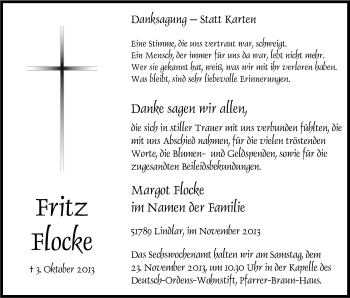 Anzeige von Fritz Flocke von Kölner Stadt-Anzeiger / Kölnische Rundschau / Express