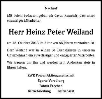 Anzeige von Heinz Peter Weiland von Kölner Stadt-Anzeiger / Kölnische Rundschau / Express
