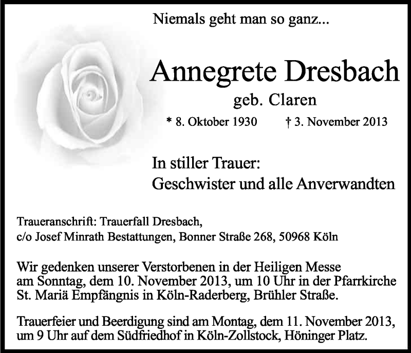  Traueranzeige für Annegrete Dresbach vom 09.11.2013 aus Kölner Stadt-Anzeiger / Kölnische Rundschau / Express
