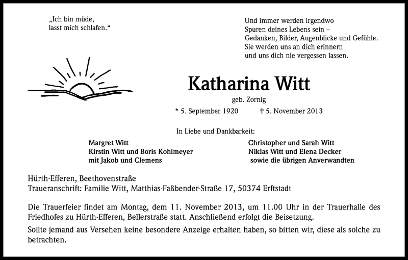  Traueranzeige für Katharina Witt vom 07.11.2013 aus Kölner Stadt-Anzeiger / Kölnische Rundschau / Express