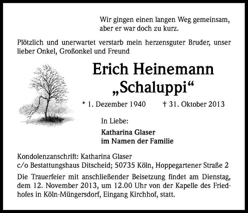  Traueranzeige für Erich Heinemann vom 09.11.2013 aus Kölner Stadt-Anzeiger / Kölnische Rundschau / Express