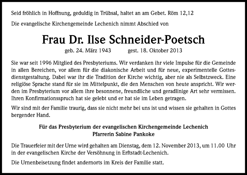  Traueranzeige für Ilse Schneider-Poetsch vom 09.11.2013 aus Kölner Stadt-Anzeiger / Kölnische Rundschau / Express