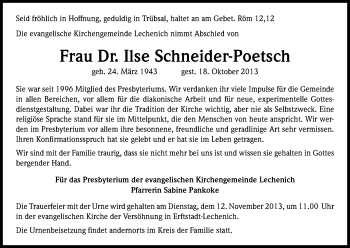 Anzeige von Ilse Schneider-Poetsch von Kölner Stadt-Anzeiger / Kölnische Rundschau / Express