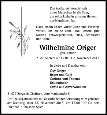 Anzeige von Wilhelmine Origer von Kölner Stadt-Anzeiger / Kölnische Rundschau / Express