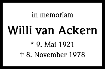 Anzeige von Willi van Ackern von Kölner Stadt-Anzeiger / Kölnische Rundschau / Express