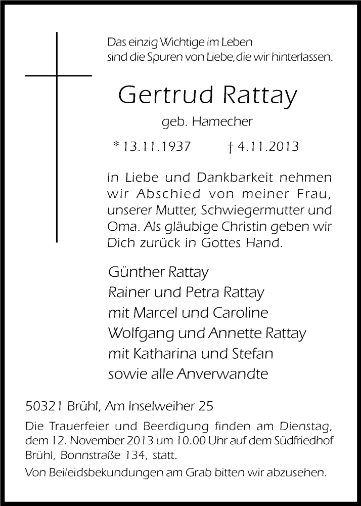  Traueranzeige für Gertrud Rattay vom 09.11.2013 aus Kölner Stadt-Anzeiger / Kölnische Rundschau / Express