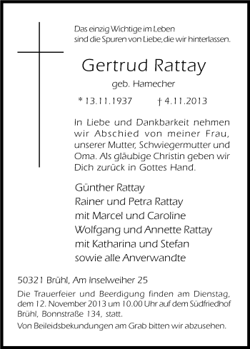 Anzeige von Gertrud Rattay von Kölner Stadt-Anzeiger / Kölnische Rundschau / Express