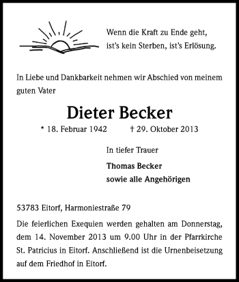 Anzeige von Dieter Becker von Kölner Stadt-Anzeiger / Kölnische Rundschau / Express